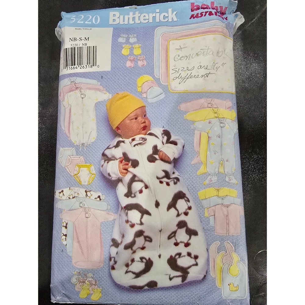Butterick 5220 Infants Bunting Jumpsuit Shirt Diaper Cover Hat Bib Pattern NB-M